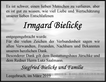 Traueranzeige von Irmgard Bielicke von Märkische Oderzeitung