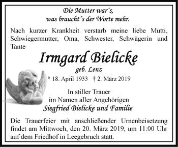 Traueranzeige von Irmgard Bielicke von Märkische Oderzeitung