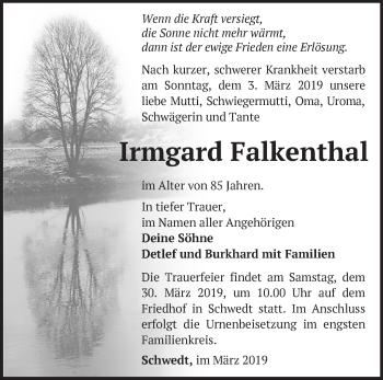 Traueranzeige von Irmgard Falkenthal von Märkische Oderzeitung