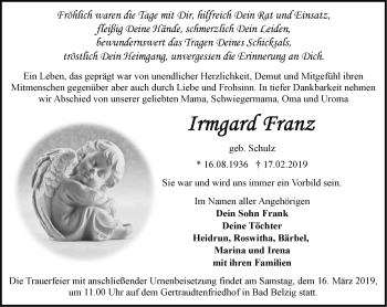 Traueranzeige von Irmgard Franz von Märkische Oderzeitung