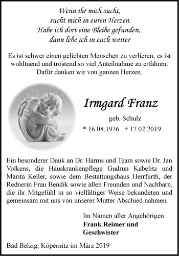 Traueranzeige von Irmgard Franz von Märkische Oderzeitung