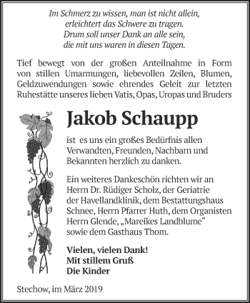 Traueranzeige von Jakob Schaupp von Märkische Oderzeitung