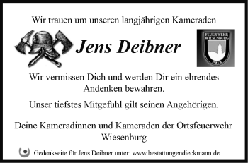 Traueranzeige von Jens Deibner von Märkische Oderzeitung