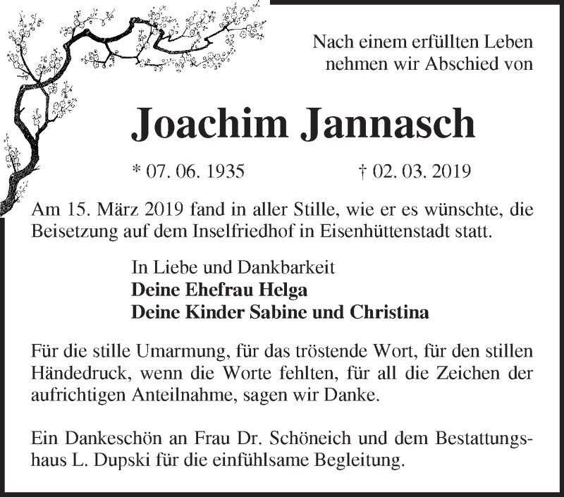  Traueranzeige für Joachim Jannasch vom 20.03.2019 aus Märkische Oderzeitung