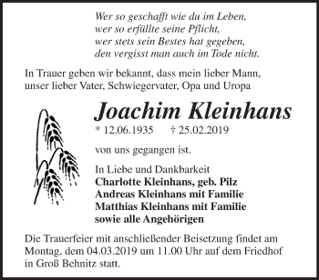 Traueranzeige von Joachim Kleinhans von Märkische Oderzeitung