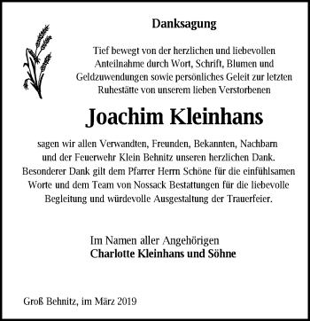 Traueranzeige von Joachim Kleinhans von Märkische Oderzeitung