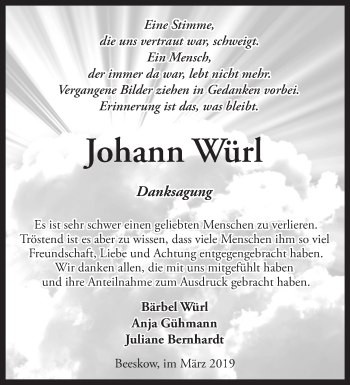 Traueranzeige von Johann Würl von Märkische Oderzeitung