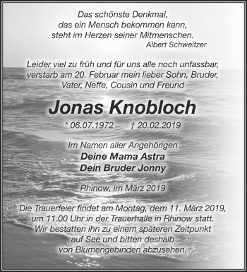 Traueranzeige von Jonas Knobloch von Märkische Oderzeitung