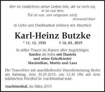 Traueranzeige von Karl-Heinz Butzke von Märkische Oderzeitung