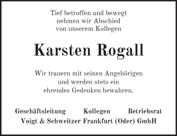 Traueranzeige von Karsten Rogall von Märkische Oderzeitung