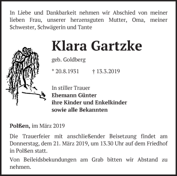 Traueranzeige von Klara Gartzke von Märkische Oderzeitung