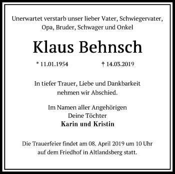 Traueranzeige von Klaus Behnsch von Märkische Oderzeitung