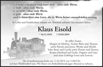 Traueranzeige von Klaus Eisold von Märkische Oderzeitung
