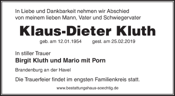Traueranzeige von Klaus Dieter Kluth von Märkische Oderzeitung