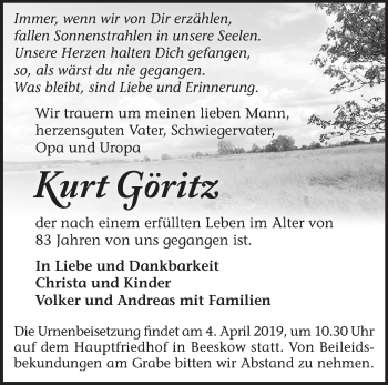 Traueranzeige von Kurt Göritz von Märkische Oderzeitung