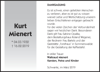 Traueranzeige von Kurt Mienert von Märkische Oderzeitung