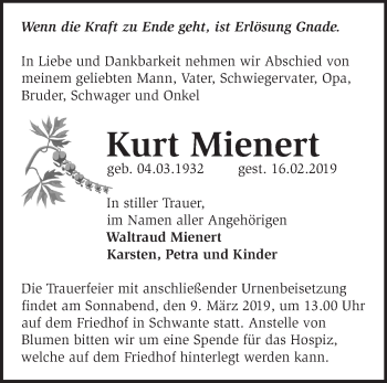 Traueranzeige von Kurt Mienert von Märkische Oderzeitung