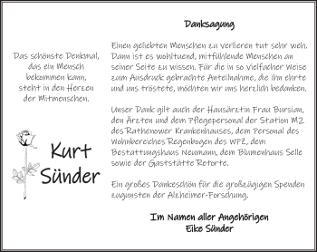 Traueranzeige von Kurt Sünder von Märkische Oderzeitung