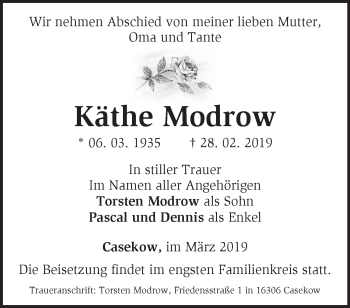 Traueranzeige von Käthe Modrow von Märkische Oderzeitung