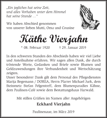 Traueranzeige von Käthe Vierjahn von Märkische Oderzeitung