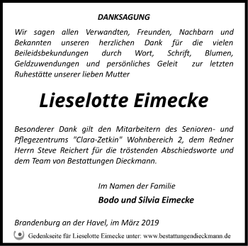 Traueranzeige von Lieselotte Eimecke von Märkische Oderzeitung