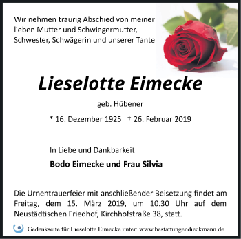 Traueranzeige von Lieselotte Eimecke von Märkische Oderzeitung
