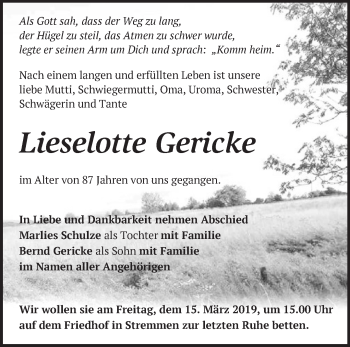 Traueranzeige von Lieselotte Gericke von Märkische Oderzeitung