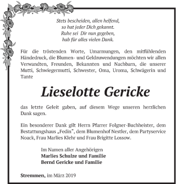 Traueranzeige von Lieselotte Gericke von Märkische Oderzeitung