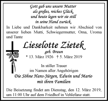 Traueranzeige von Lieselotte Zietek von Märkische Oderzeitung