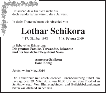 Traueranzeige von Lothar Schikora von Märkische Oderzeitung