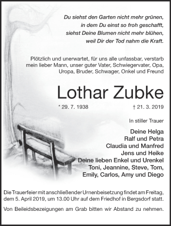 Traueranzeige von Lothar Zubke von Märkische Oderzeitung