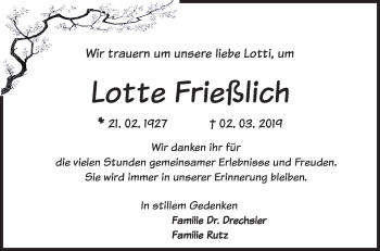 Traueranzeige von Lotte Frießlich von Märkische Oderzeitung
