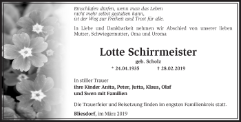 Traueranzeige von Lotte Schirrmeister von Märkische Oderzeitung