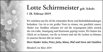 Traueranzeige von Lotte Schirrmeister von Märkische Oderzeitung