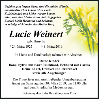 Traueranzeige von Lucie Weinert von Märkische Oderzeitung