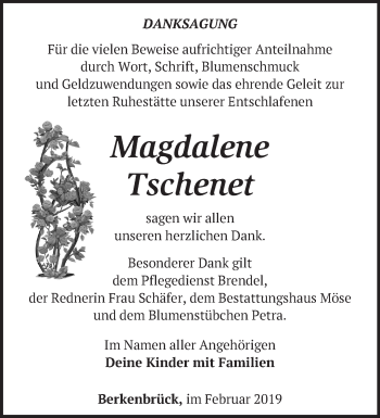 Traueranzeige von Magdalene Tschenet von Märkische Oderzeitung