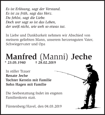 Traueranzeige von Manfred  Jeche von Märkische Oderzeitung