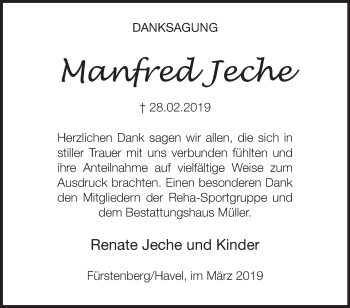 Traueranzeige von Manfred  Jeche von Märkische Oderzeitung
