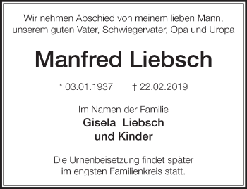 Traueranzeige von Manfred Liebsch von Märkische Oderzeitung