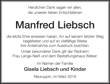 Traueranzeige von Manfred Liebsch von Märkische Oderzeitung