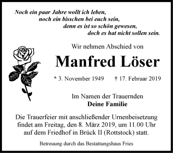 Traueranzeige von Manfred Löser von Märkische Oderzeitung