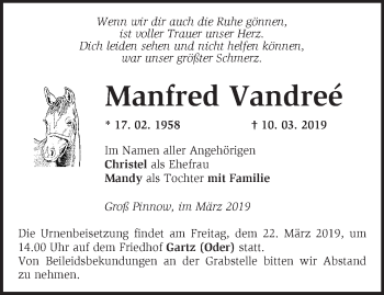 Traueranzeige von Manfred Vandree von Märkische Oderzeitung