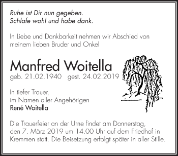 Traueranzeige von Manfred Woitella von Märkische Oderzeitung