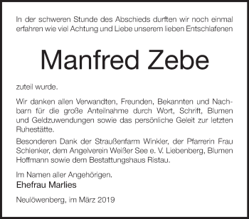 Traueranzeige von Manfred Zebe von Märkische Oderzeitung