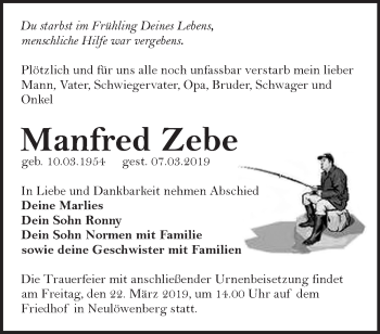 Traueranzeige von Manfred Zebe von Märkische Oderzeitung