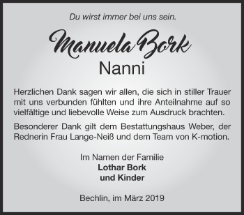 Traueranzeige von Manuela Bork von Märkische Oderzeitung