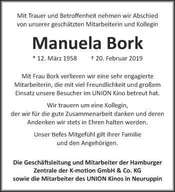 Traueranzeige von Manuela Bork von Märkische Oderzeitung