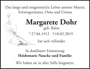 Traueranzeige von Margarete Dohr von Märkische Oderzeitung