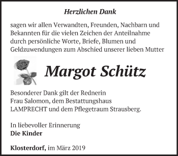 Traueranzeige von Margot Schütz von Märkische Oderzeitung
