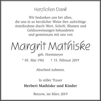 Traueranzeige von Margrit Mathiske von Märkische Oderzeitung